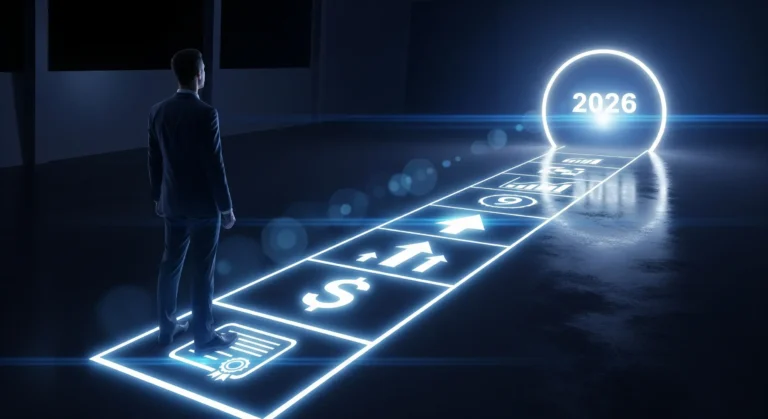 Eine Person steht am Anfang eines leuchtenden Karrierepfads für das Jahr 2026, der die einzelnen Schritte zum beruflichen Erfolg symbolisiert.