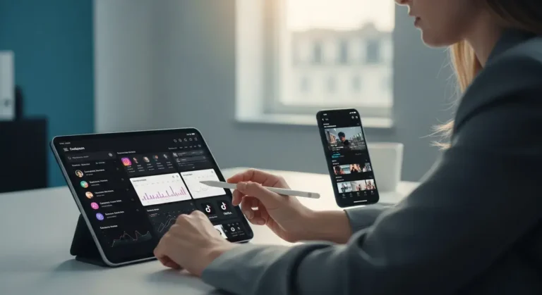Eine junge Social Media Managerin plant an einem modernen Arbeitsplatz eine Kampagne für Instagram und TikTok, als Symbol für eine professionelle Weiterbildung.